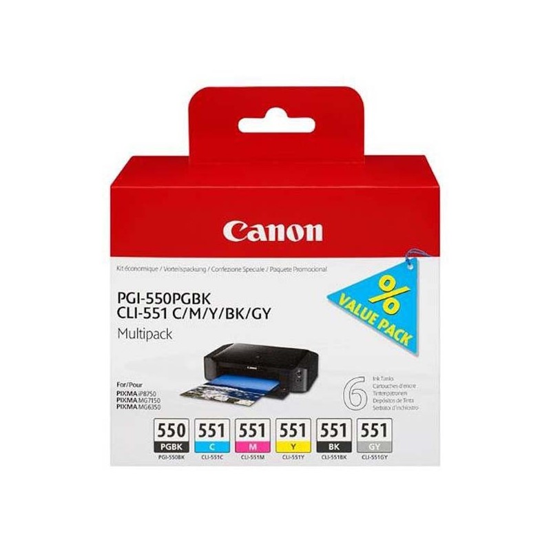 Canon oryginalny ink / tusz PGI-550/CLI-551PGBK/C/M/Y/BK/GY Multipack, black/color, 6496B005, Canon PIXMA iP8750, MG7150, MG6350