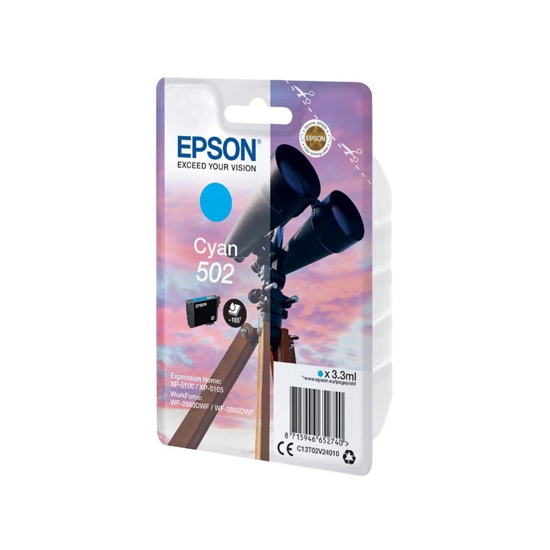 Epson oryginalny ink / tusz C13T02V24010, 502, T02V240, cyan, 165s, 3.3ml, Epson XP-5100, XP-5105, WF-2880dwf, WF2865dwf - 1