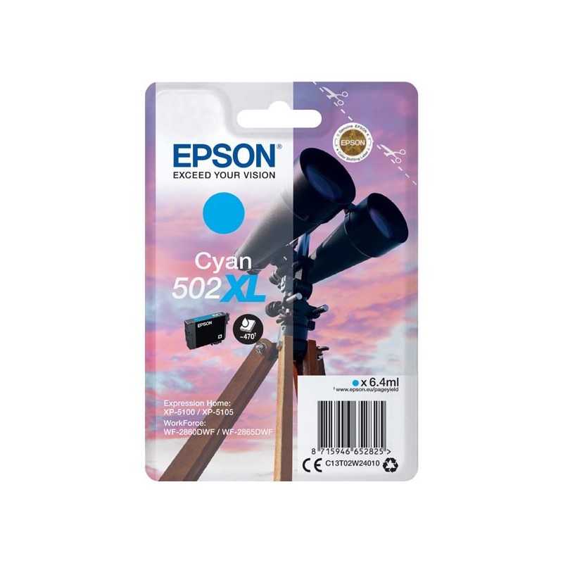 Epson oryginalny ink / tusz C13T02W24010, 502XL, T02W240, cyan, 470s, 6.4ml, Epson XP-5100, XP-5105, WF-2880dwf, WF2865dwf - 1