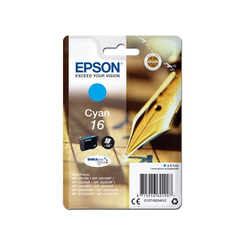 Epson oryginalny ink / tusz C13T16224012, T162240, cyan, 3.1ml, Epson WorkForce WF-2540WF, WF-2530WF, WF-2520NF, WF-2010 - 1