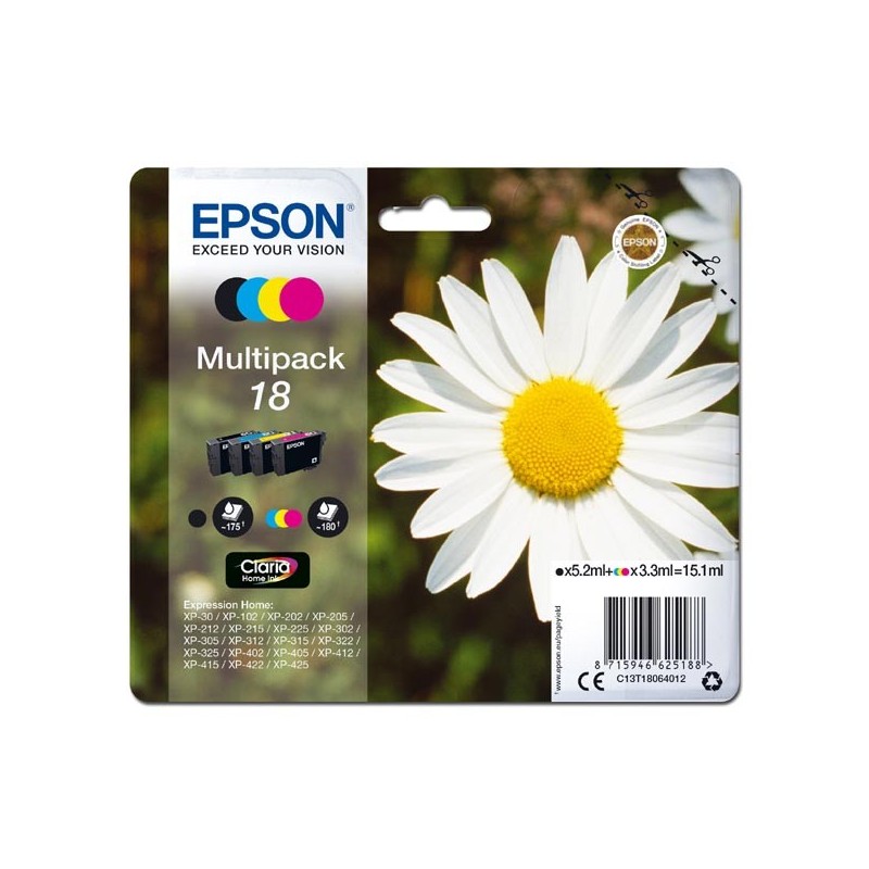 Epson oryginalny ink / tusz C13T18064012, T180640, CMYK, 3x3,3/5,2ml, Epson Expression Home XP-102, XP-402, XP-405, XP-302 - 1