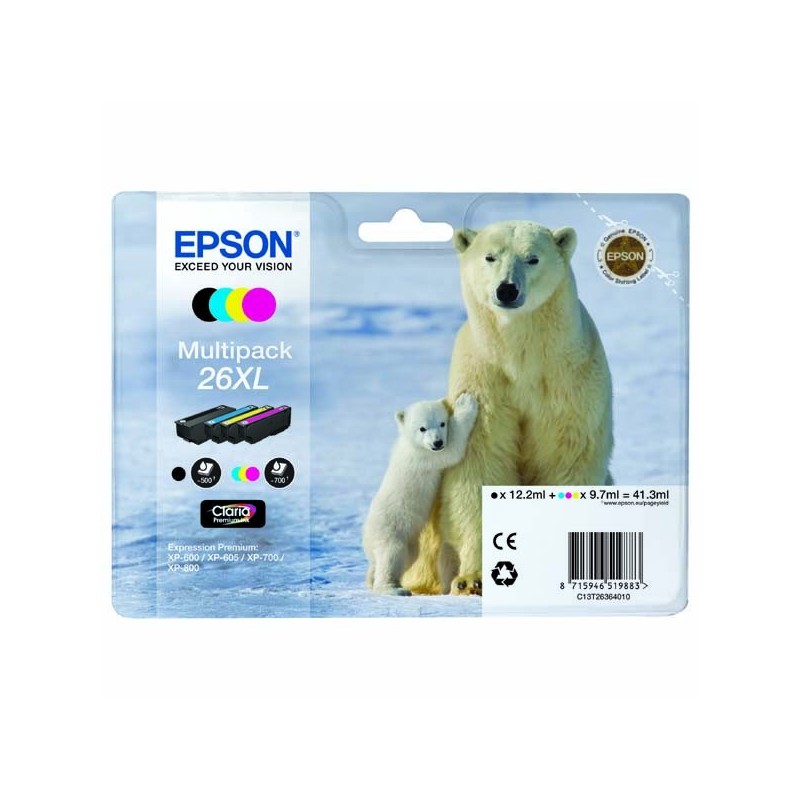 Epson oryginalny ink / tusz C13T26364010, T263640, 26XL, CMYK, 3x9,7/12,2ml, Epson Expression Premium XP-800, XP-700, XP-600 - 1