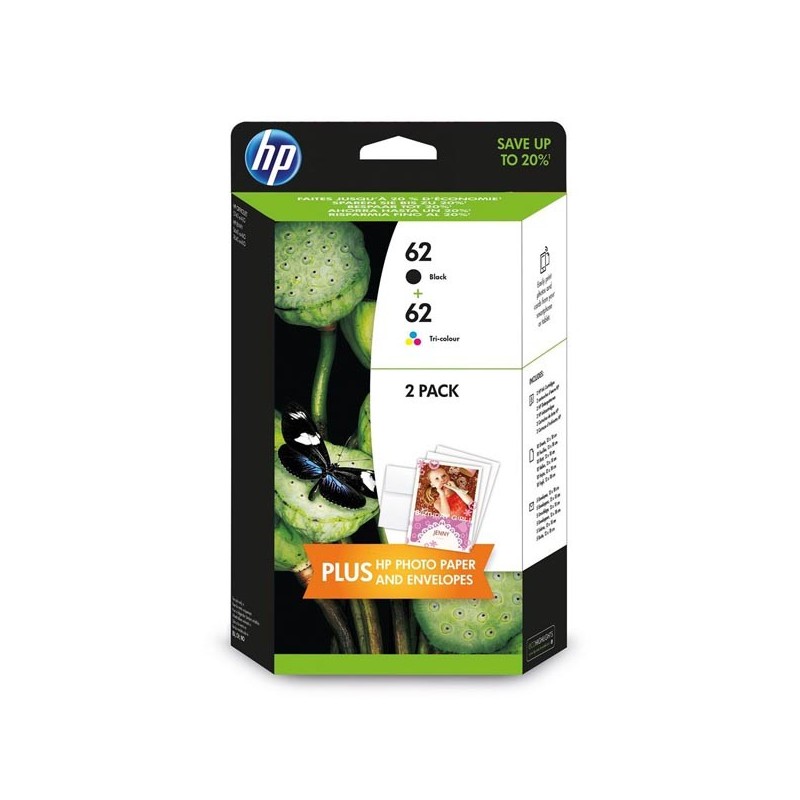 HP oryginalny zestaw tuszy N9J71AE, HP 62, black/color, 200/165s, 4.4.2005ml, HP value pack Envy 5640, 5644, 5660, 7640, Office 