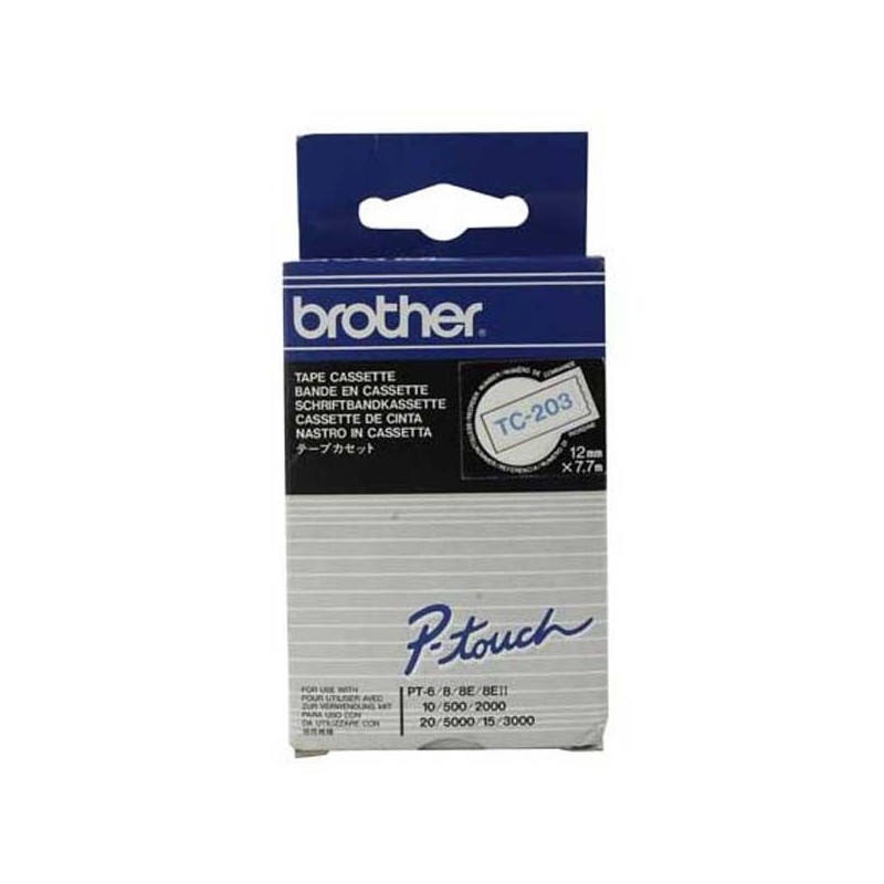 Brother oryginalny taśma do drukarek etykiet, Brother, TC-203, niebieski druk/biały podkład, laminowane, 7.7m, 12mm - 1