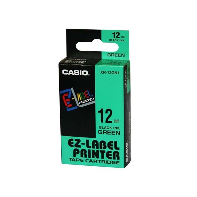 Casio oryginalny taśma do drukarek etykiet, Casio, XR-12GN1, czarny druk/zielony podkład, nielaminowany, 8m, 12mm - 1