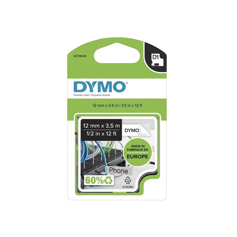 Dymo oryginalny taśma do drukarek etykiet, Dymo, 16957, S0718040, czarny druk/biały podkład, 3.5m, 12mm, D1 specjalna - elastyc 