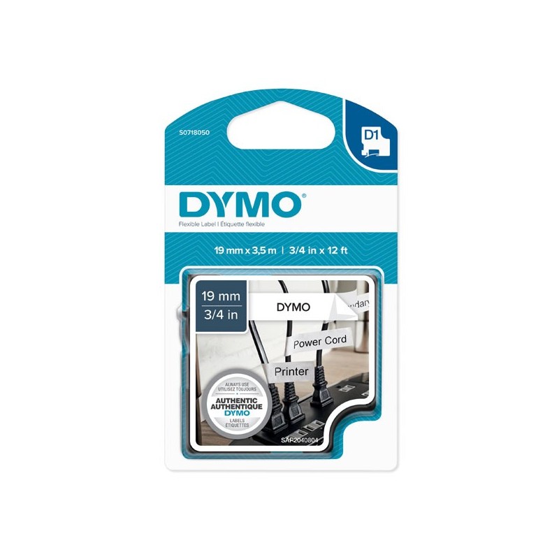 Dymo oryginalny taśma do drukarek etykiet, Dymo, 16958, S0718050, czarny druk/biały podkład, 3.5m, 19mm, D1 specjalna - elastyc 