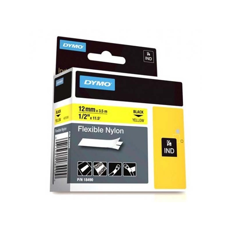 Dymo oryginalny taśma do drukarek etykiet, Dymo, 18490, czarny druk/żółty podkład, 3.5m, 12mm, Elastyczny nylon do produktów RH 