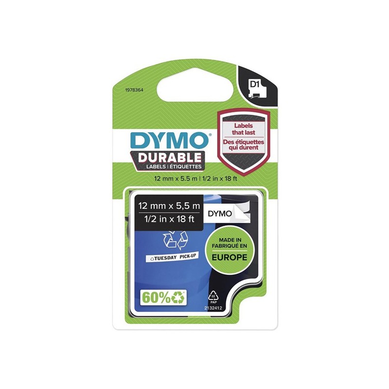 Dymo oryginalny taśma do drukarek etykiet, Dymo, 1978364, czarny druk/biały podkład, 5.5m, 12mm, D1, trwałe winylowe - 1