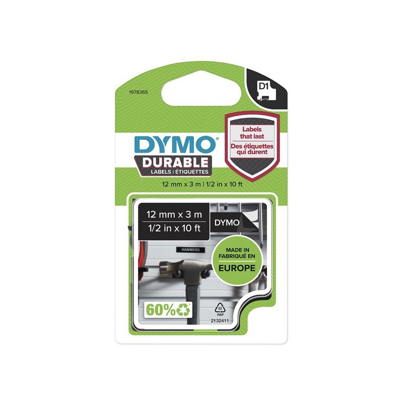 Dymo oryginalny taśma do drukarek etykiet, Dymo, 1978365, w kolorze białym druk/czarny podkład, 3m, 12mm, D1, trwałe winylowe - 
