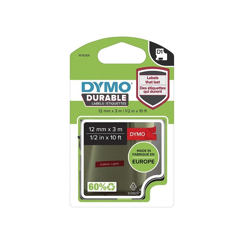 Dymo oryginalny taśma do drukarek etykiet, Dymo, 1978366, w kolorze białym druk/czerwony podkład, 3m, 12mm, D1, trwałe winylowe 