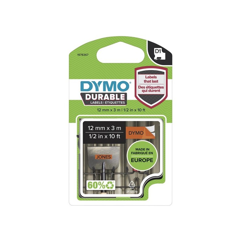 Dymo oryginalny taśma do drukarek etykiet, Dymo, 1978367, czarny druk/pomarańczowy podkład, 3m, 12mm, D1, trwałe winylowe - 1