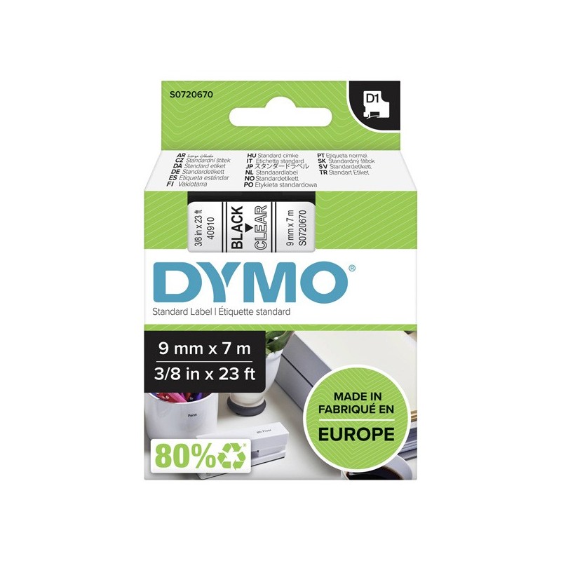 Dymo oryginalny taśma do drukarek etykiet, Dymo, 40910, S0720670, czarny druk/przezroczysta podkład, 7m, 9mm, D1 - 1