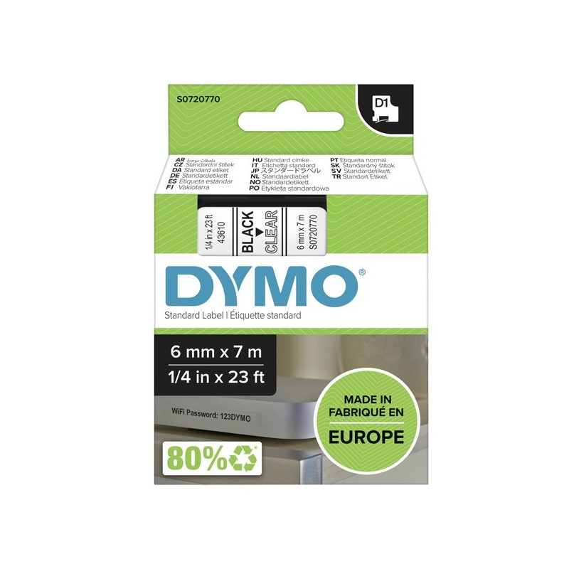 Dymo oryginalny taśma do drukarek etykiet, Dymo, 43610, S0720770, czarny druk/przezroczysty podkład, 7m, 6mm, D1 - 1