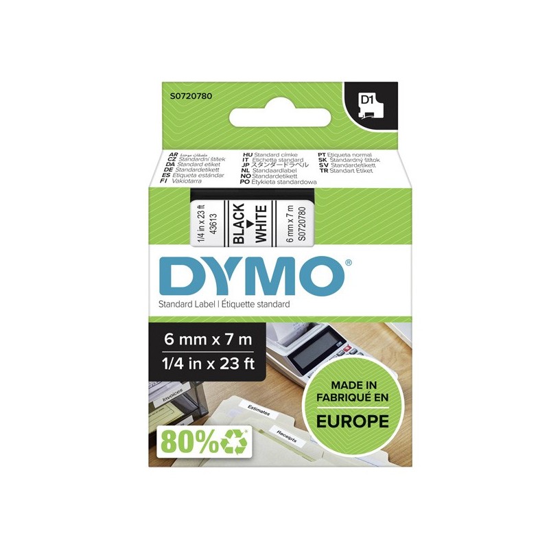 Dymo oryginalny taśma do drukarek etykiet, Dymo, 43613, S0720780, czarny druk/biały podkład, 7m, 6mm, D1 - 1