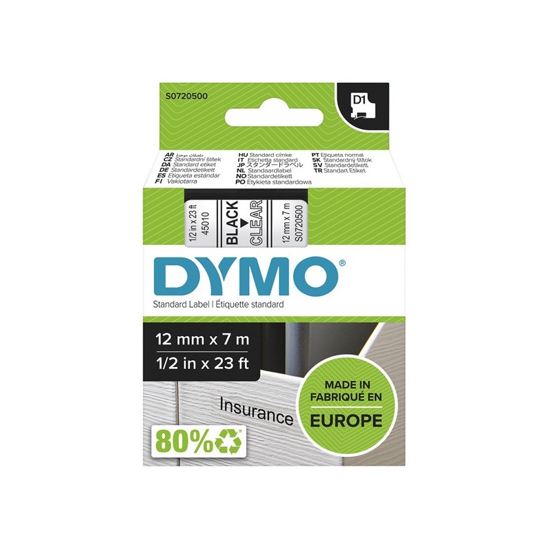 Dymo oryginalny taśma do drukarek etykiet, Dymo, 45010, S0720500, czarny druk/przezroczysty podkład, 7m, 12mm, D1 - 1