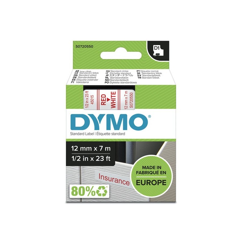 Dymo oryginalny taśma do drukarek etykiet, Dymo, 45015, S0720550, czerwony druk/biały podkład, 7m, 12mm, D1 - 1