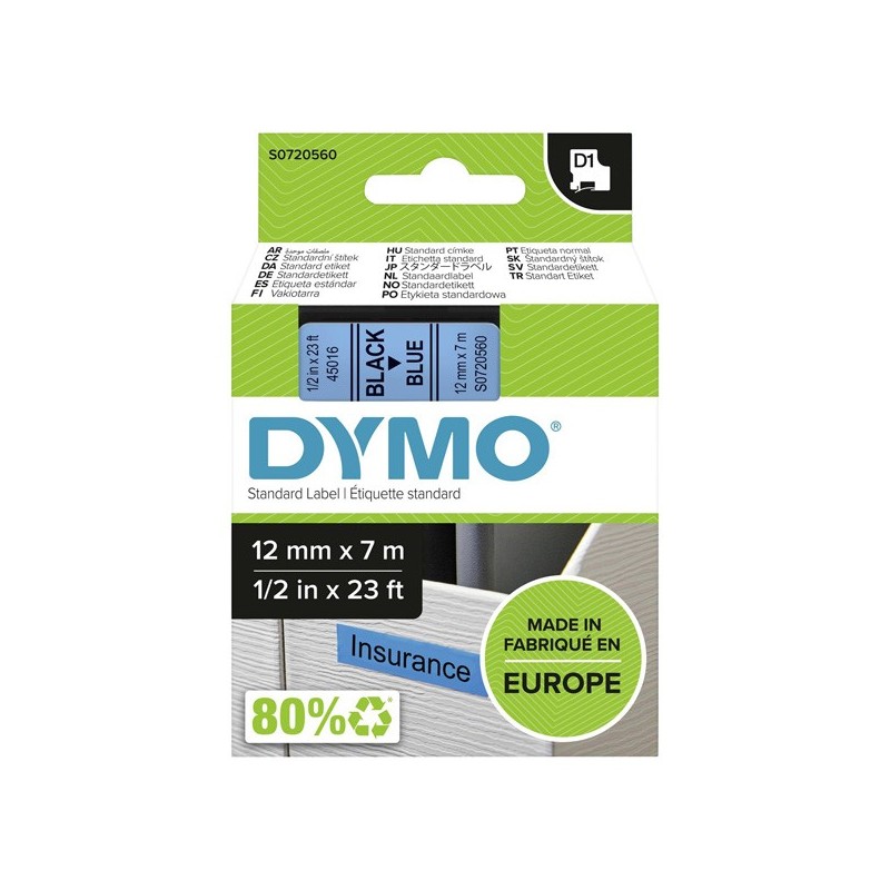 Dymo oryginalny taśma do drukarek etykiet, Dymo, 45016, S0720560, czarny druk/niebieski podkład, 7m, 12mm, D1 - 1