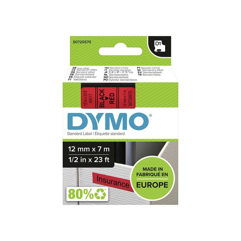 Dymo oryginalny taśma do drukarek etykiet, Dymo, 45017, S0720570, czarny druk/czerwony podkład, 7m, 12mm, D1 - 1
