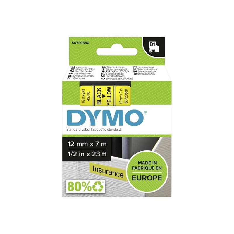 Dymo oryginalny taśma do drukarek etykiet, Dymo, 45018, S0720580, czarny druk/żółty podkład, 7m, 12mm, D1 - 1