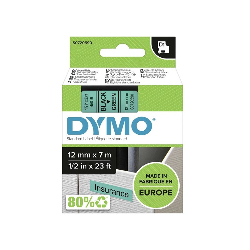 Dymo oryginalny taśma do drukarek etykiet, Dymo, 45019, S0720590, czarny druk/zielony podkład, 7m, 12mm, D1 - 1