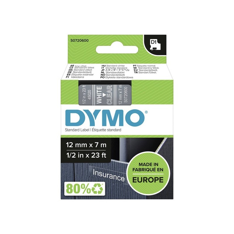 Dymo oryginalny taśma do drukarek etykiet, Dymo, 45020, S0720600, biały druk/przezroczysta podkład, 7m, 12mm, D1 - 1