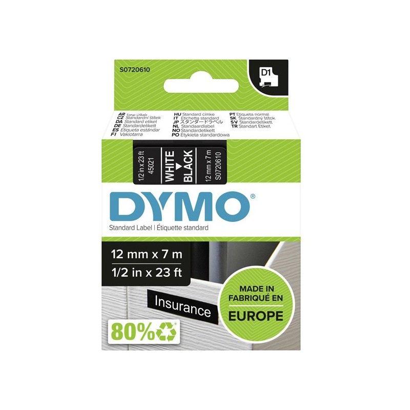 Dymo oryginalny taśma do drukarek etykiet, Dymo, 45021, S0720610, biały druk/czarny podkład, 7m, 12mm, D1 - 1