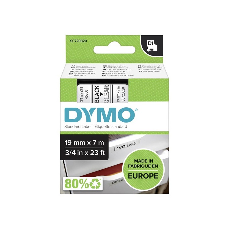 Dymo oryginalny taśma do drukarek etykiet, Dymo, 45800, S0720820, czarny druk/przezroczysty podkład, 7m, 19mm, D1 - 1