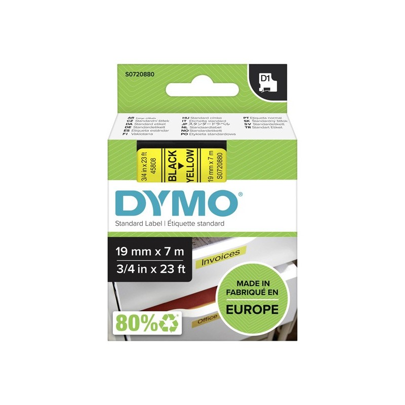 Dymo oryginalny taśma do drukarek etykiet, Dymo, 45808, S0720880, czarny druk/żółty podkład, 7m, 19mm, D1 - 1