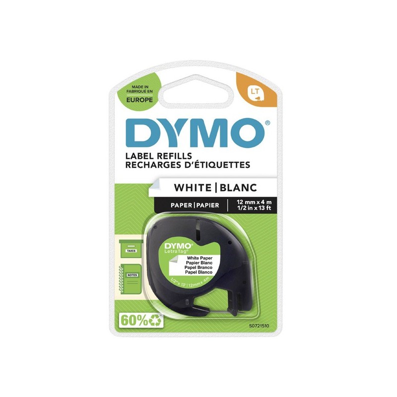 Dymo oryginalny taśma do drukarek etykiet, Dymo, 59421, S0721510, czarny druk/biały podkład, 4m, 12mm, LetraTag taśma papierowa 