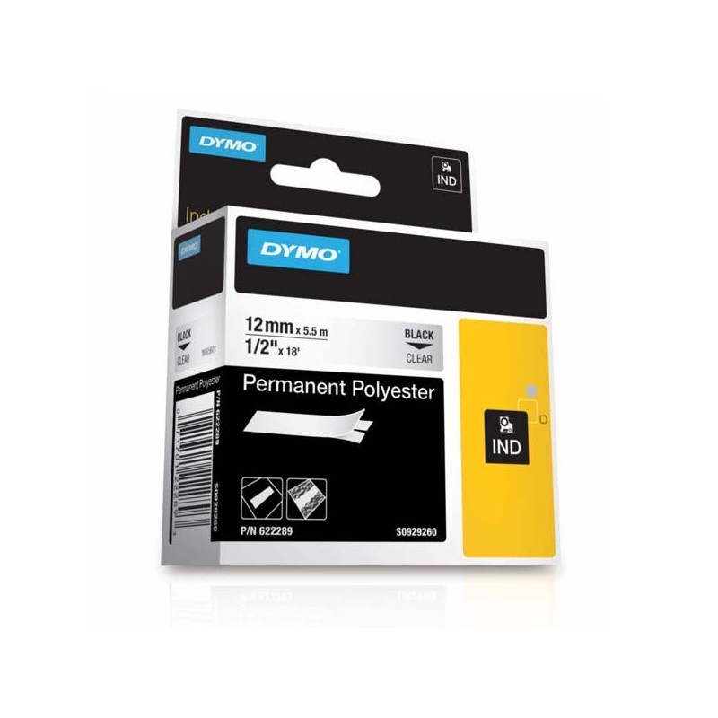 Dymo oryginalny taśma do drukarek etykiet, Dymo, 622289, czarny druk/przezroczysty podkład, 5.5m, 12mm, RHINO poliestrowa trwał 