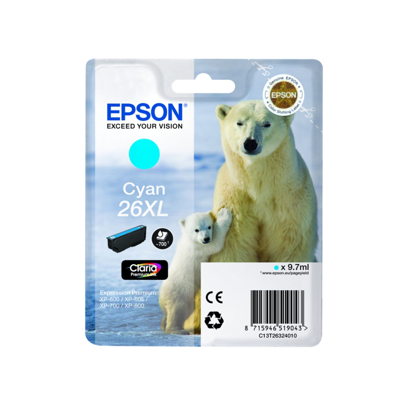 Epson oryginalny ink / tusz C13T26324022, T263240, 26XL, cyan, 9,7ml, Epson Expression Premium XP-800, XP-700, XP-600 - 1