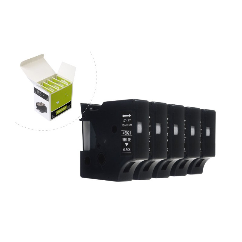 Taśma JetWorld Zamiennik Dymo D1 Biały na Czarnym 12mm x 7m (5szt.) LM100, LM100+, LM200, LM300, LM400, LM420P, LM350, LM350D, L