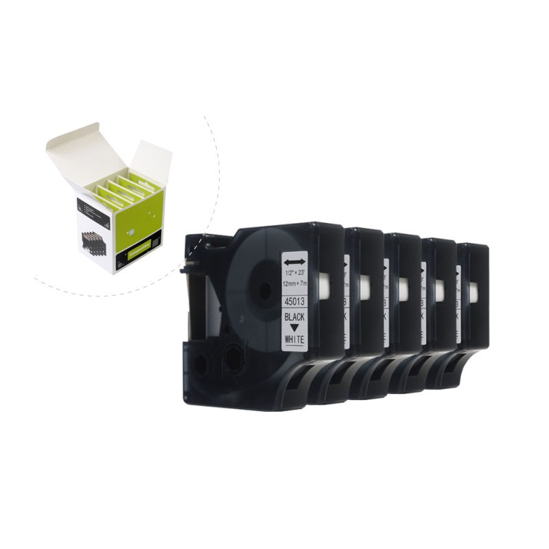 Taśma JetWorld Zamiennik Dymo D1 Czarny na Białym 12mm x 7m (5szt.) LM100, LM100+, LM200, LM300, LM400, LM420P, LM350, LM350D, L