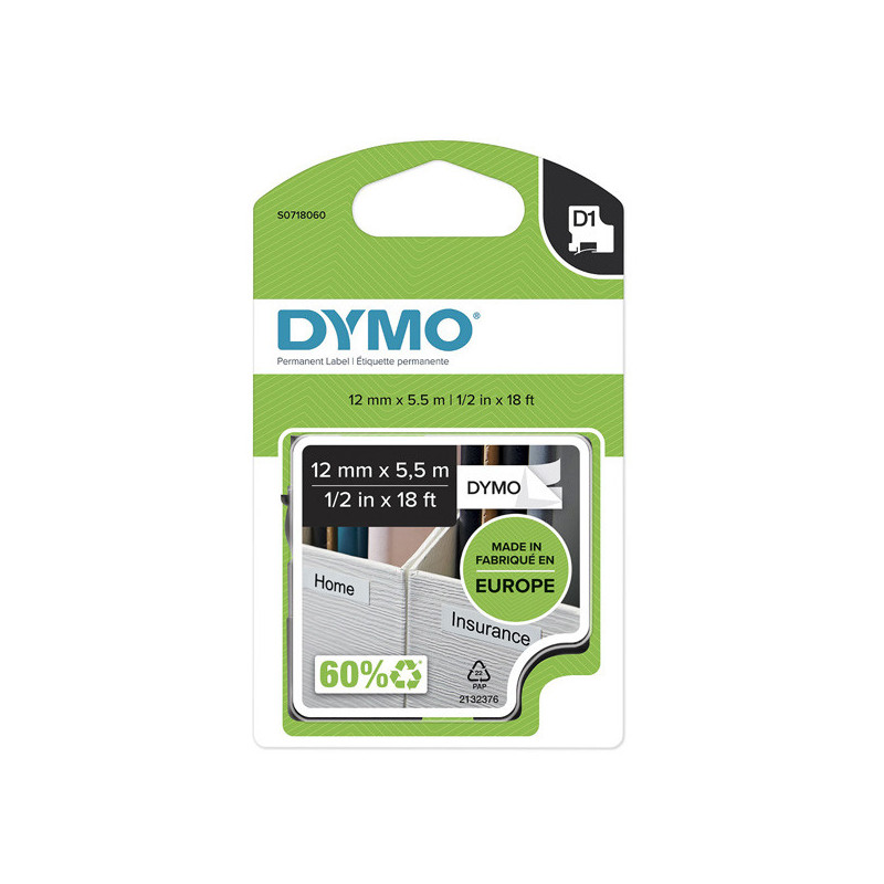 Dymo oryginalny taśma do drukarek etykiet, Dymo, 16959, S0718060, czarny druk/biały podkład, 5.5m, 12mm, D1 specjalna - poliest