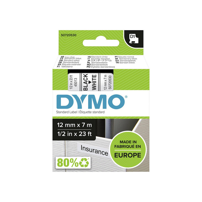 Dymo oryginalny taśma do drukarek etykiet, Dymo, 45013, S0720530, czarny druk/biały podkład, 7m, 12mm, D1